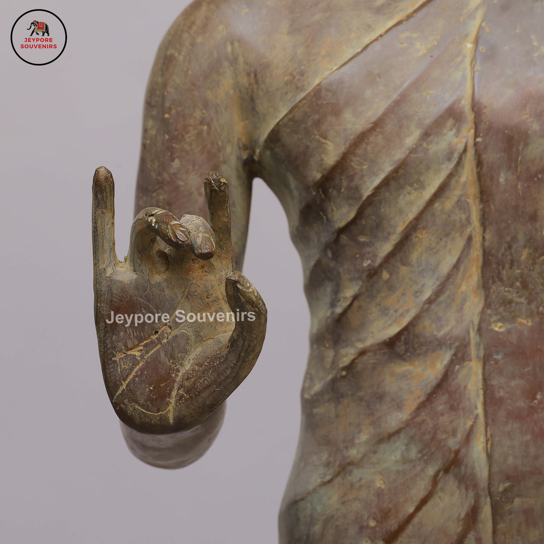 Antique Bronze Standing Buddha Statue with Dual Hand Gestures on Black Lacquer Plinth
