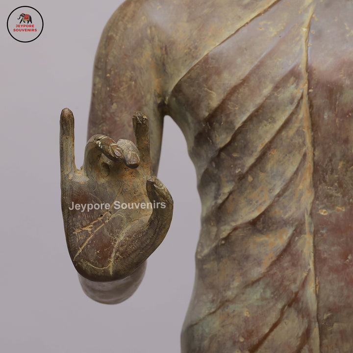 Antique Bronze Standing Buddha Statue with Dual Hand Gestures on Black Lacquer Plinth