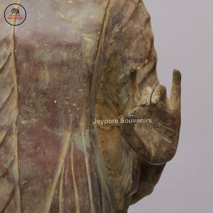 Antique Bronze Standing Buddha Statue with Dual Hand Gestures on Black Lacquer Plinth