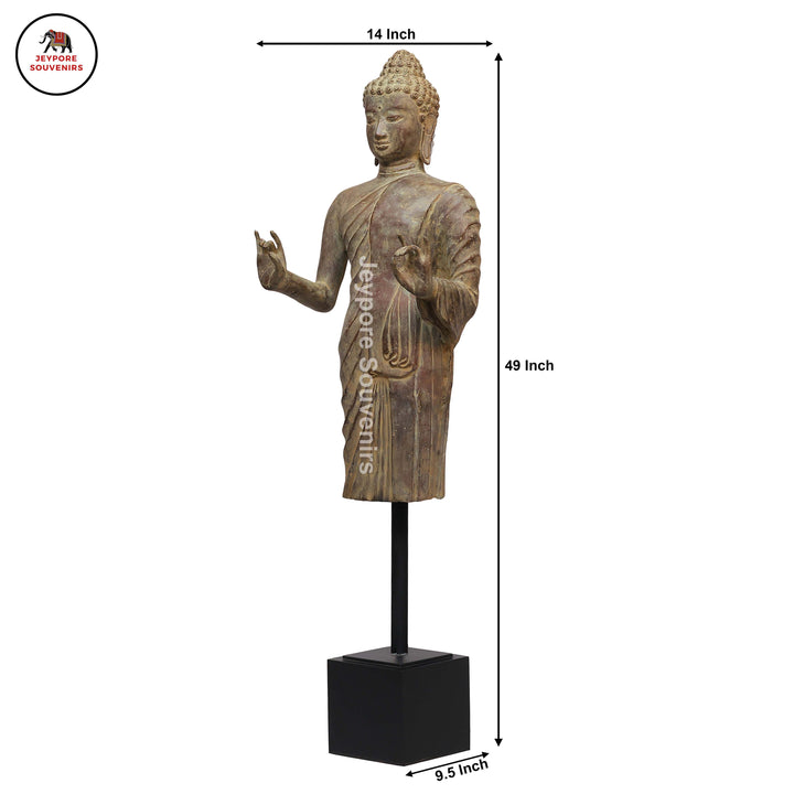 Antique Bronze Standing Buddha Statue with Dual Hand Gestures on Black Lacquer Plinth