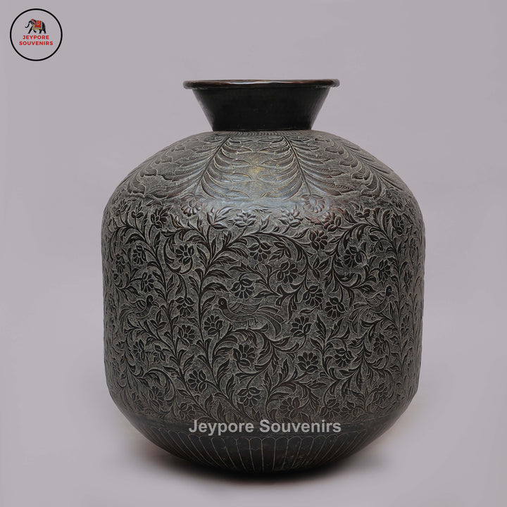 Antique Engraved Metal Decorative Vase with Floral, Leaf &amp; Bird Motifs