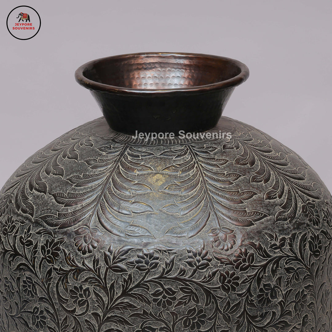 Antique Engraved Metal Decorative Vase with Floral, Leaf &amp; Bird Motifs