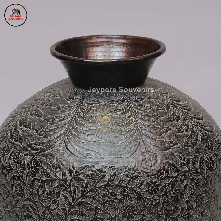 Antique Engraved Metal Decorative Vase with Floral, Leaf &amp; Bird Motifs