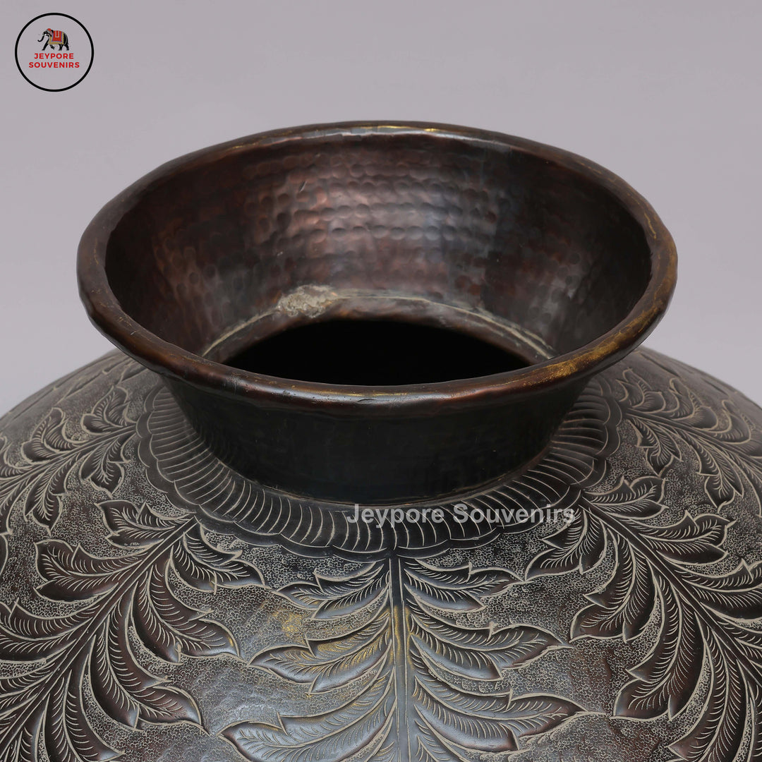 Antique Engraved Metal Decorative Vase with Floral, Leaf &amp; Bird Motifs