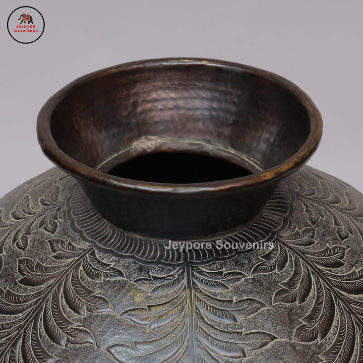 Antique Engraved Metal Decorative Vase with Floral, Leaf &amp; Bird Motifs