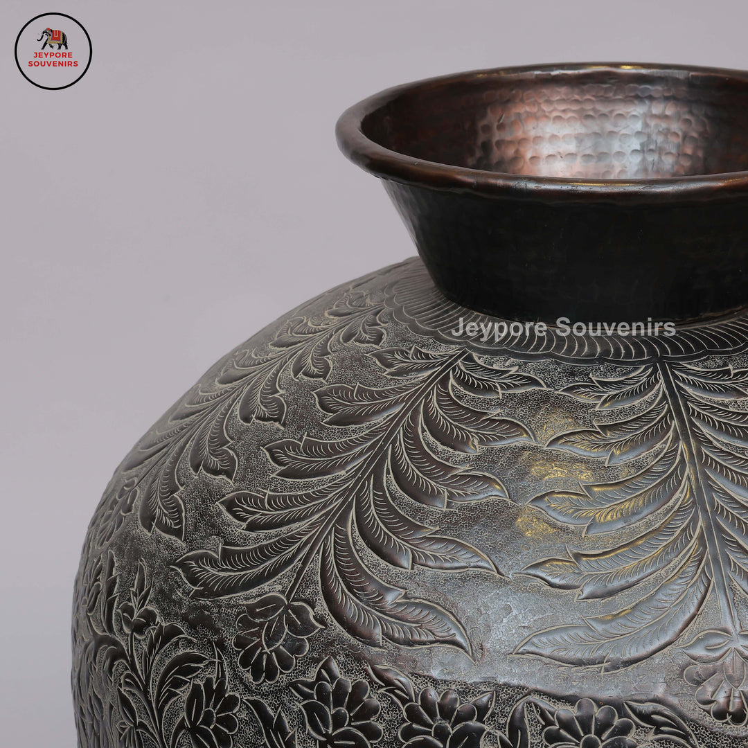Antique Engraved Metal Decorative Vase with Floral, Leaf &amp; Bird Motifs