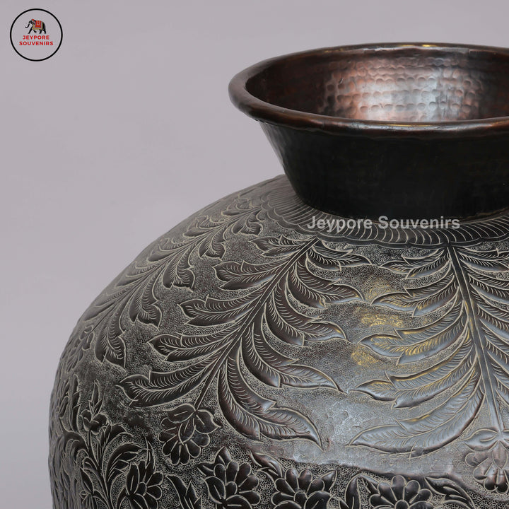 Antique Engraved Metal Decorative Vase with Floral, Leaf &amp; Bird Motifs