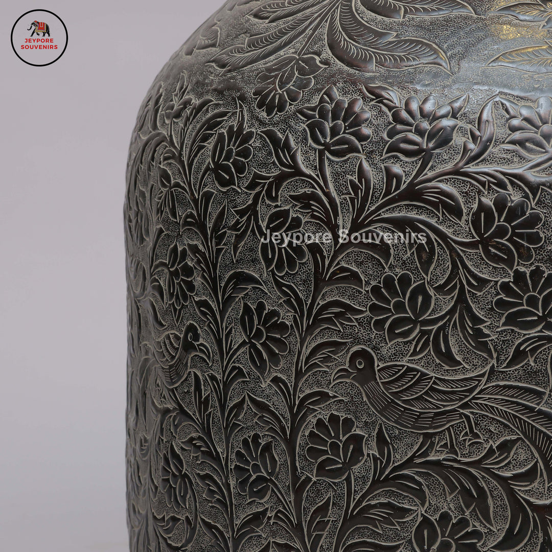 Antique Engraved Metal Decorative Vase with Floral, Leaf &amp; Bird Motifs