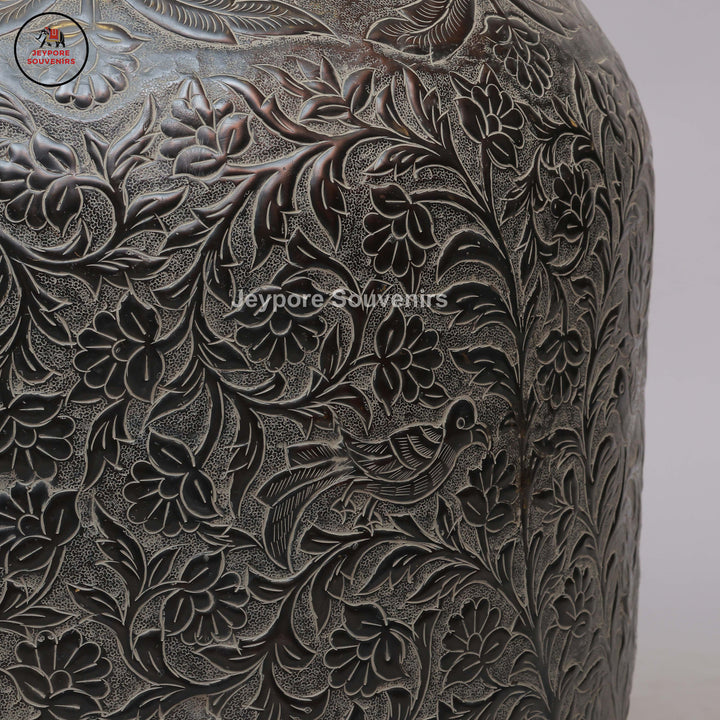 Antique Engraved Metal Decorative Vase with Floral, Leaf &amp; Bird Motifs