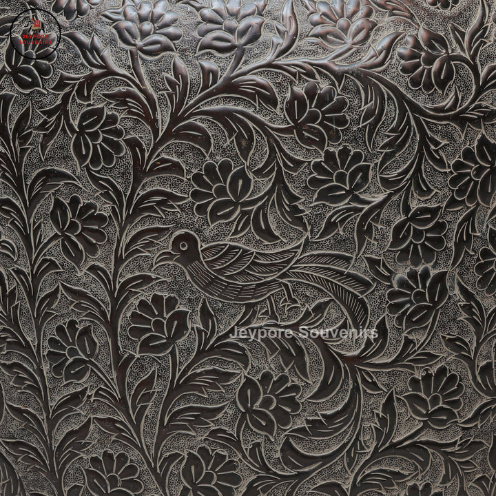 Antique Engraved Metal Decorative Vase with Floral, Leaf &amp; Bird Motifs