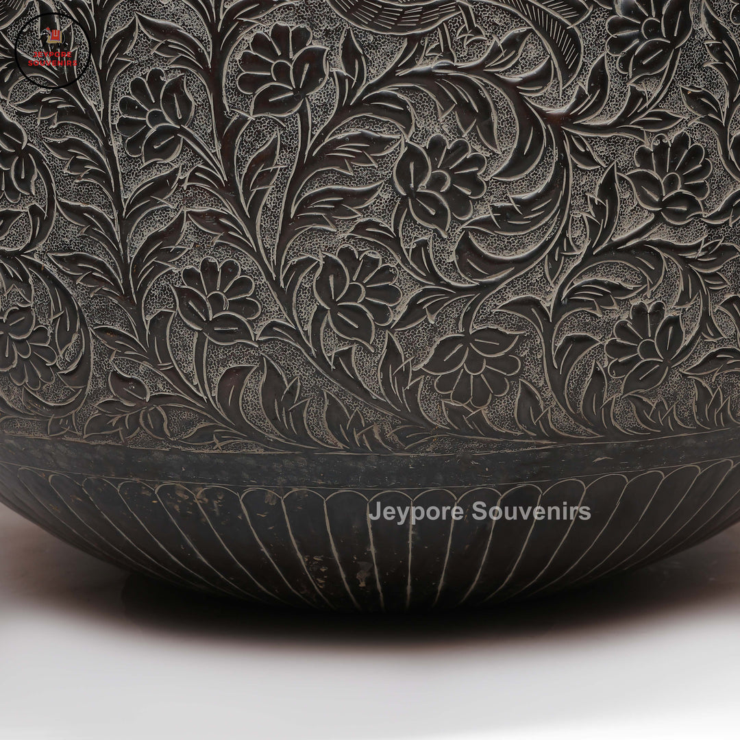 Antique Engraved Metal Decorative Vase with Floral, Leaf &amp; Bird Motifs