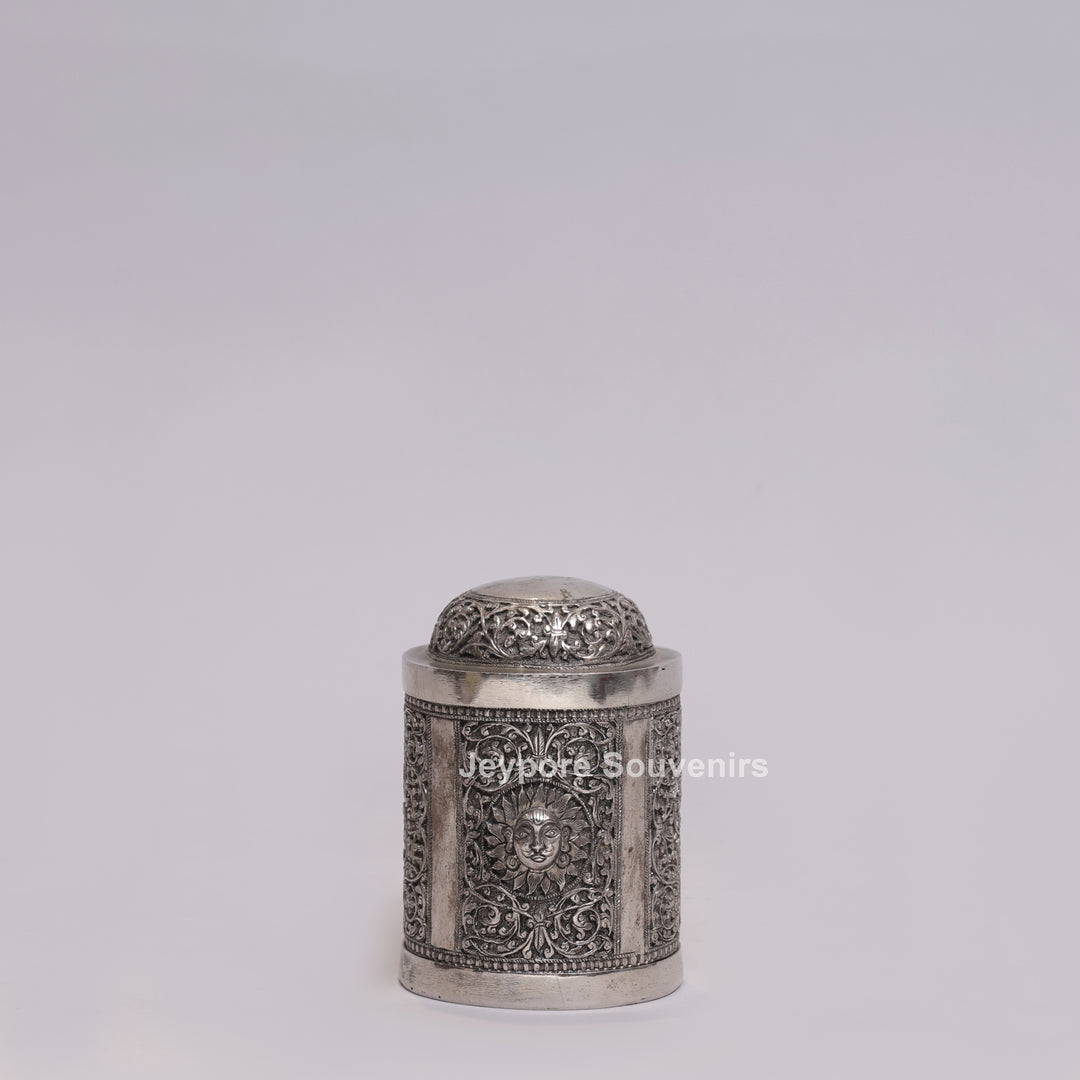 Handcrafted German Silver Oxidized Container with Sun Motif