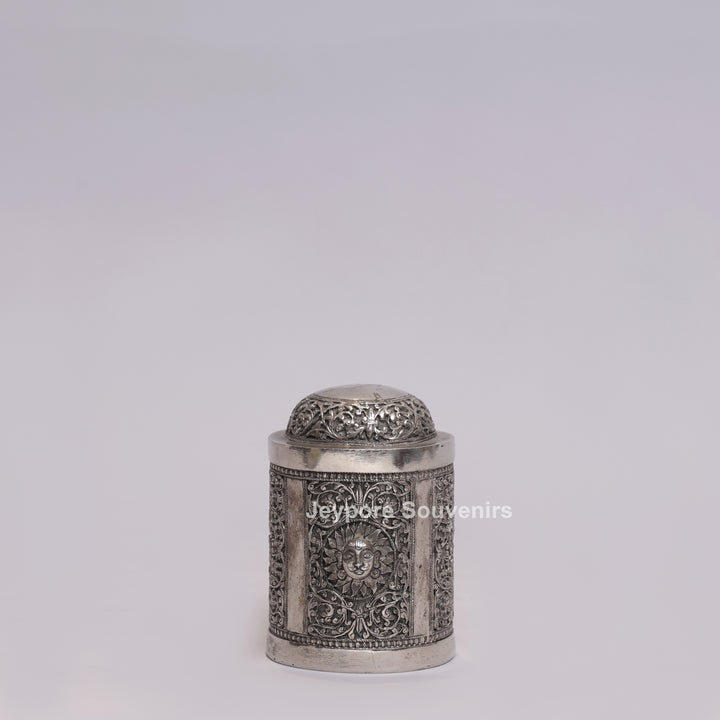 Handcrafted German Silver Oxidized Container with Sun Motif
