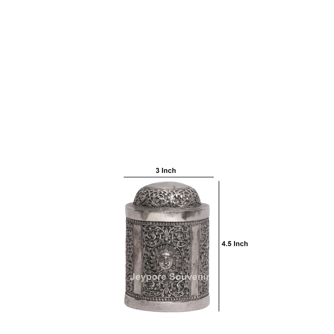 Handcrafted German Silver Oxidized Container with Sun Motif