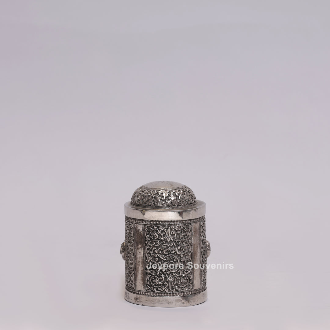 Handcrafted German Silver Oxidized Container with Sun Motif