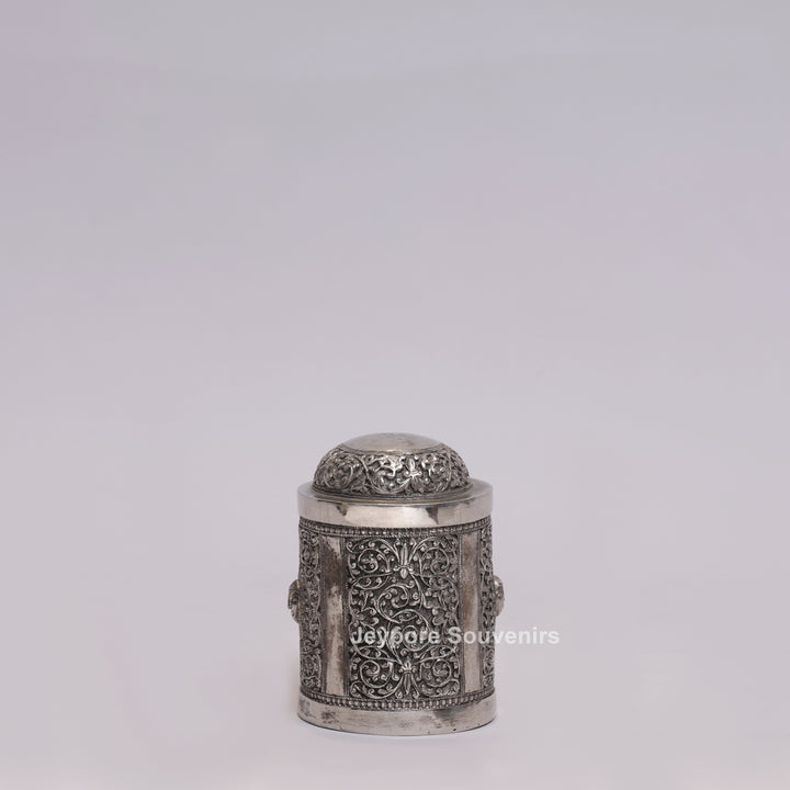 Handcrafted German Silver Oxidized Container with Sun Motif