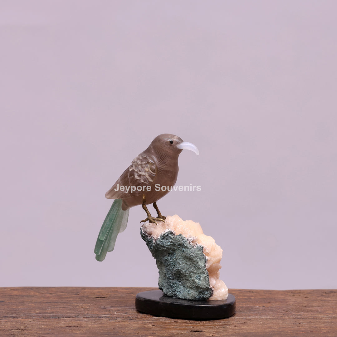 Smokey Quartz Bird With Green Aventurine Tail On Crystal Base
