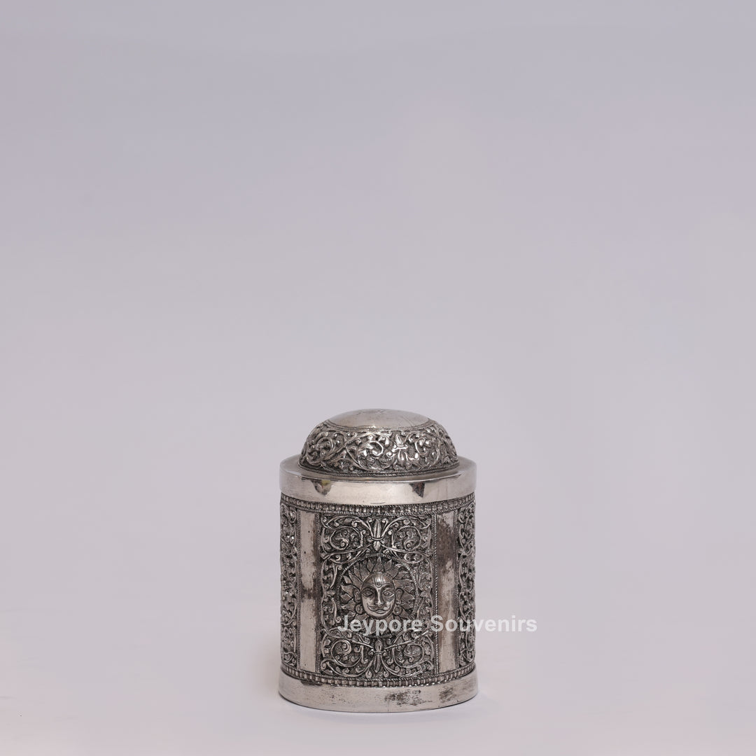 Handcrafted German Silver Oxidized Container with Sun Motif