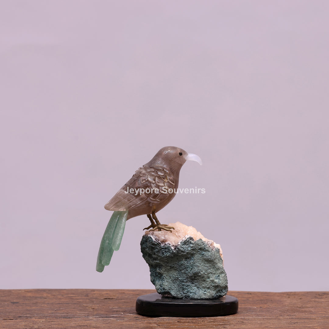 Smokey Quartz Bird With Green Aventurine Tail On Crystal Base