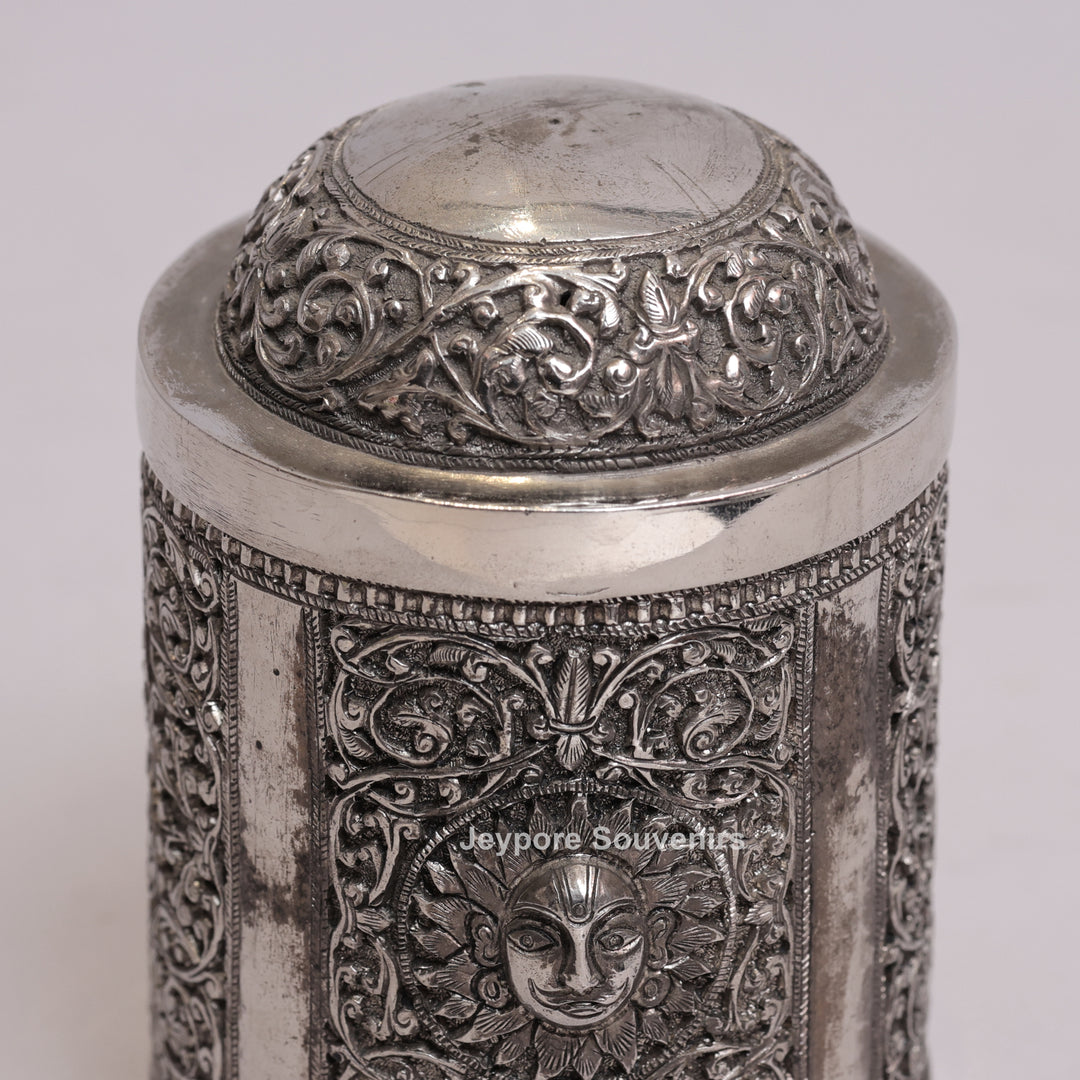 Handcrafted German Silver Oxidized Container with Sun Motif
