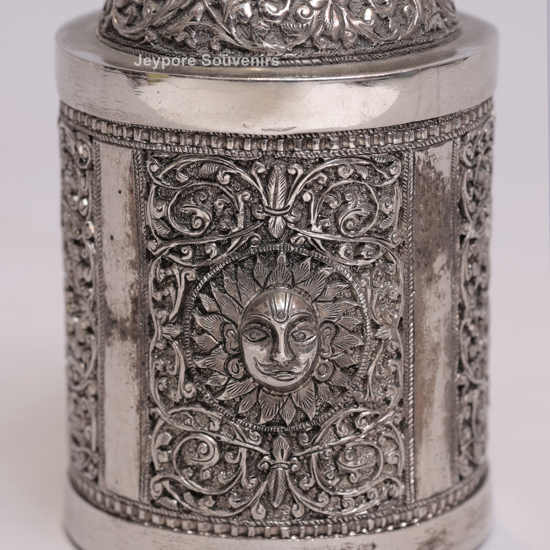 Handcrafted German Silver Oxidized Container with Sun Motif