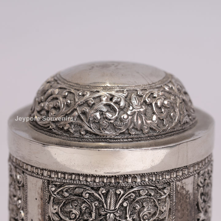 Handcrafted German Silver Oxidized Container with Sun Motif