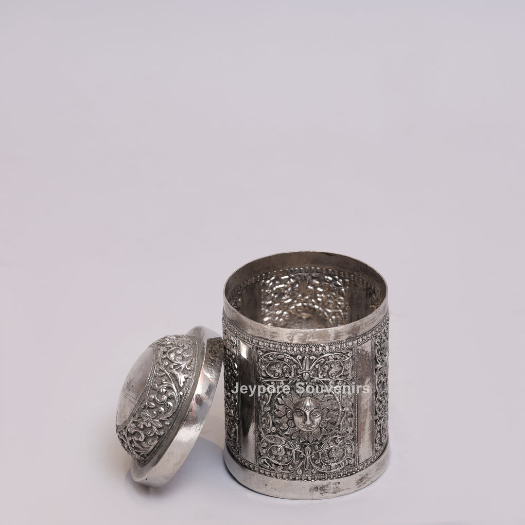 Handcrafted German Silver Oxidized Container with Sun Motif