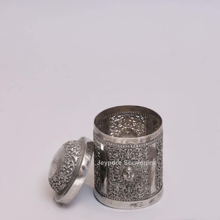 Handcrafted German Silver Oxidized Container with Sun Motif