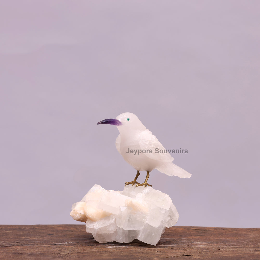 White Quartz Bird On Crystal Rock Base Sculpture