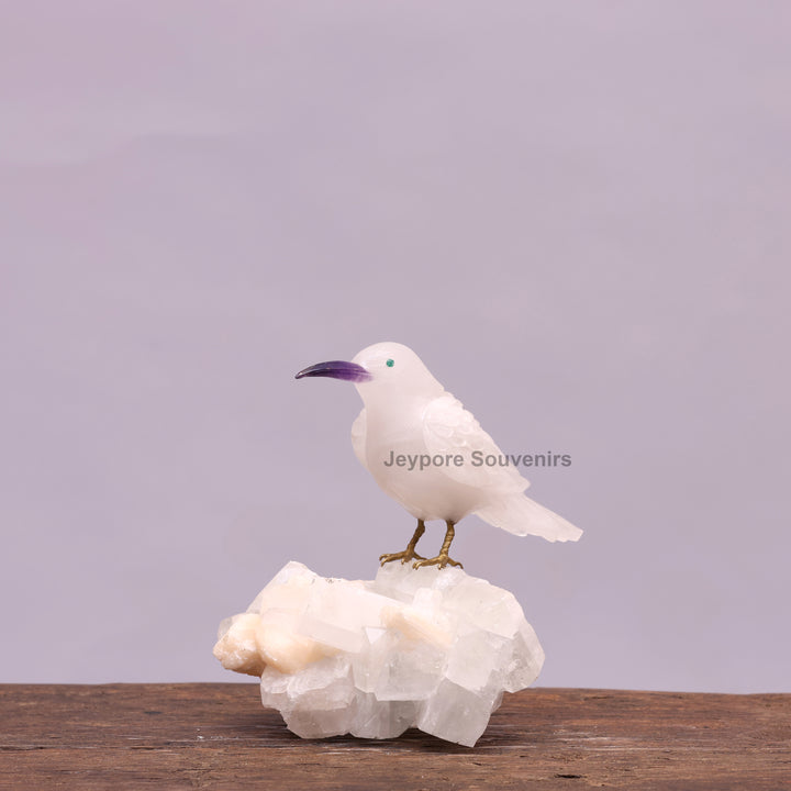 White Quartz Bird On Crystal Rock Base Sculpture