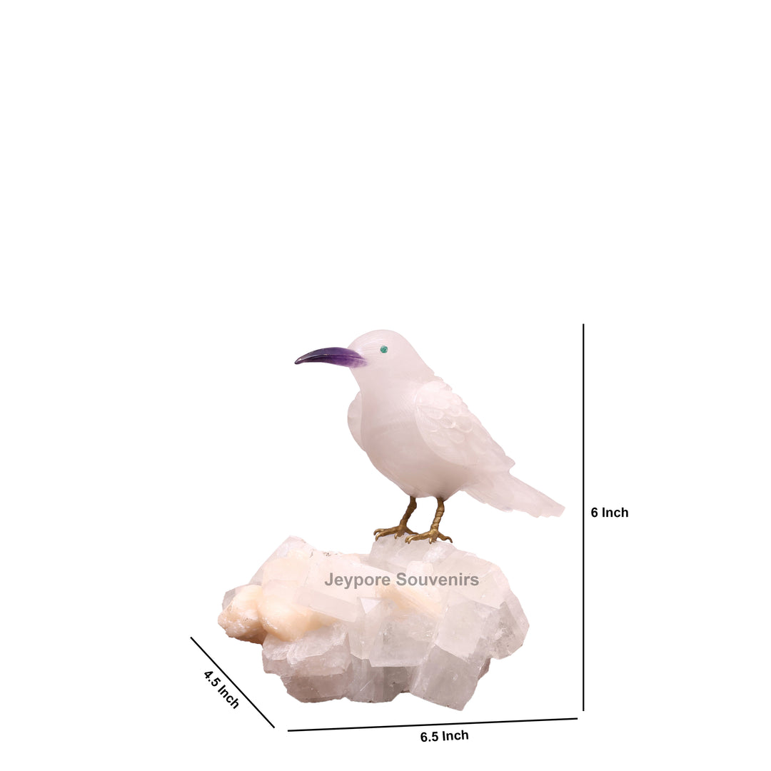 White Quartz Bird On Crystal Rock Base Sculpture