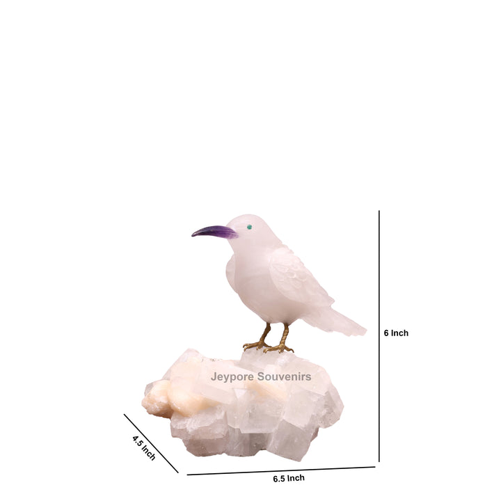 White Quartz Bird On Crystal Rock Base Sculpture