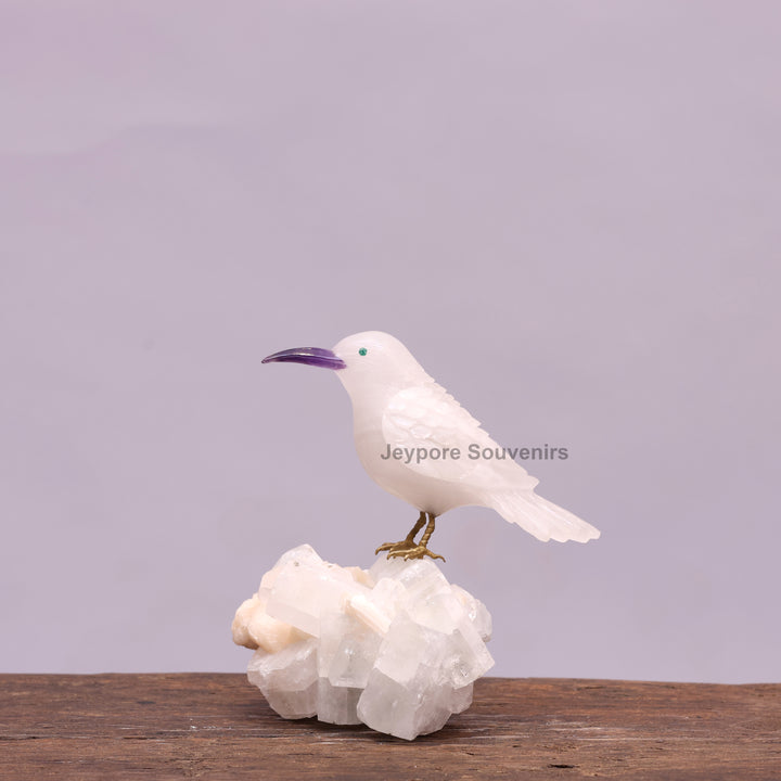 White Quartz Bird On Crystal Rock Base Sculpture