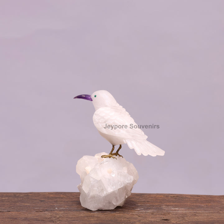 White Quartz Bird On Crystal Rock Base Sculpture
