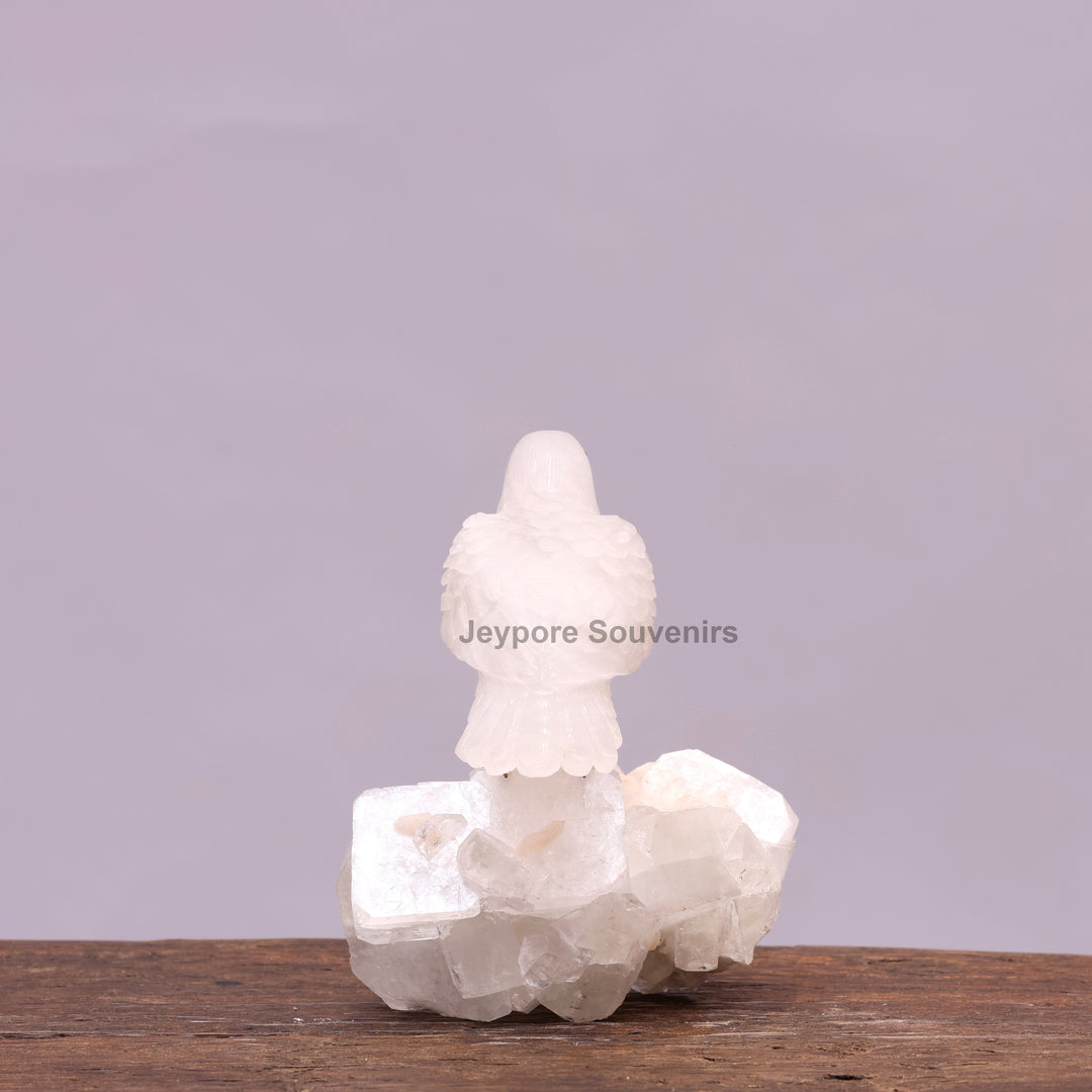 White Quartz Bird On Crystal Rock Base Sculpture
