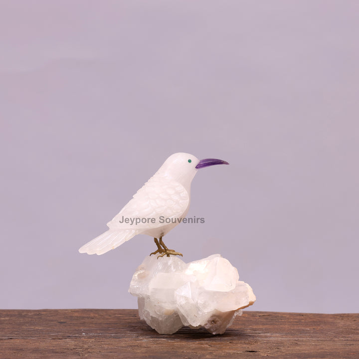 White Quartz Bird On Crystal Rock Base Sculpture