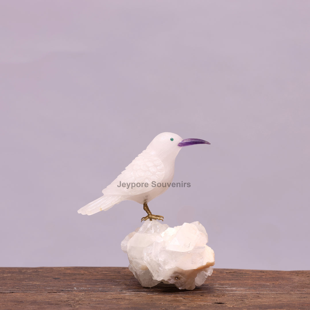 White Quartz Bird On Crystal Rock Base Sculpture
