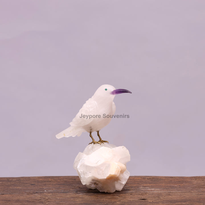 White Quartz Bird On Crystal Rock Base Sculpture
