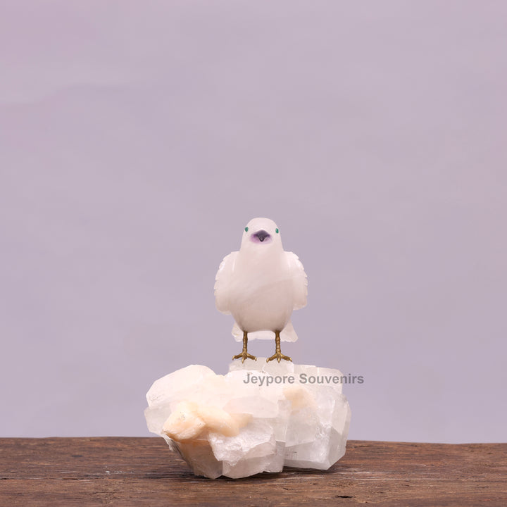 White Quartz Bird On Crystal Rock Base Sculpture
