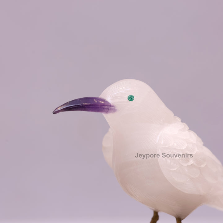 White Quartz Bird On Crystal Rock Base Sculpture