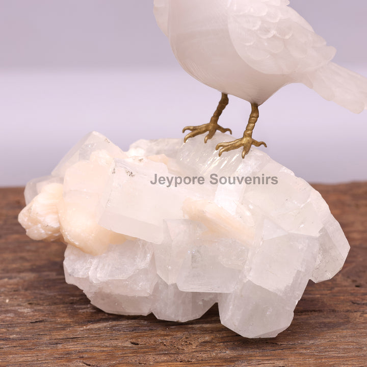 White Quartz Bird On Crystal Rock Base Sculpture