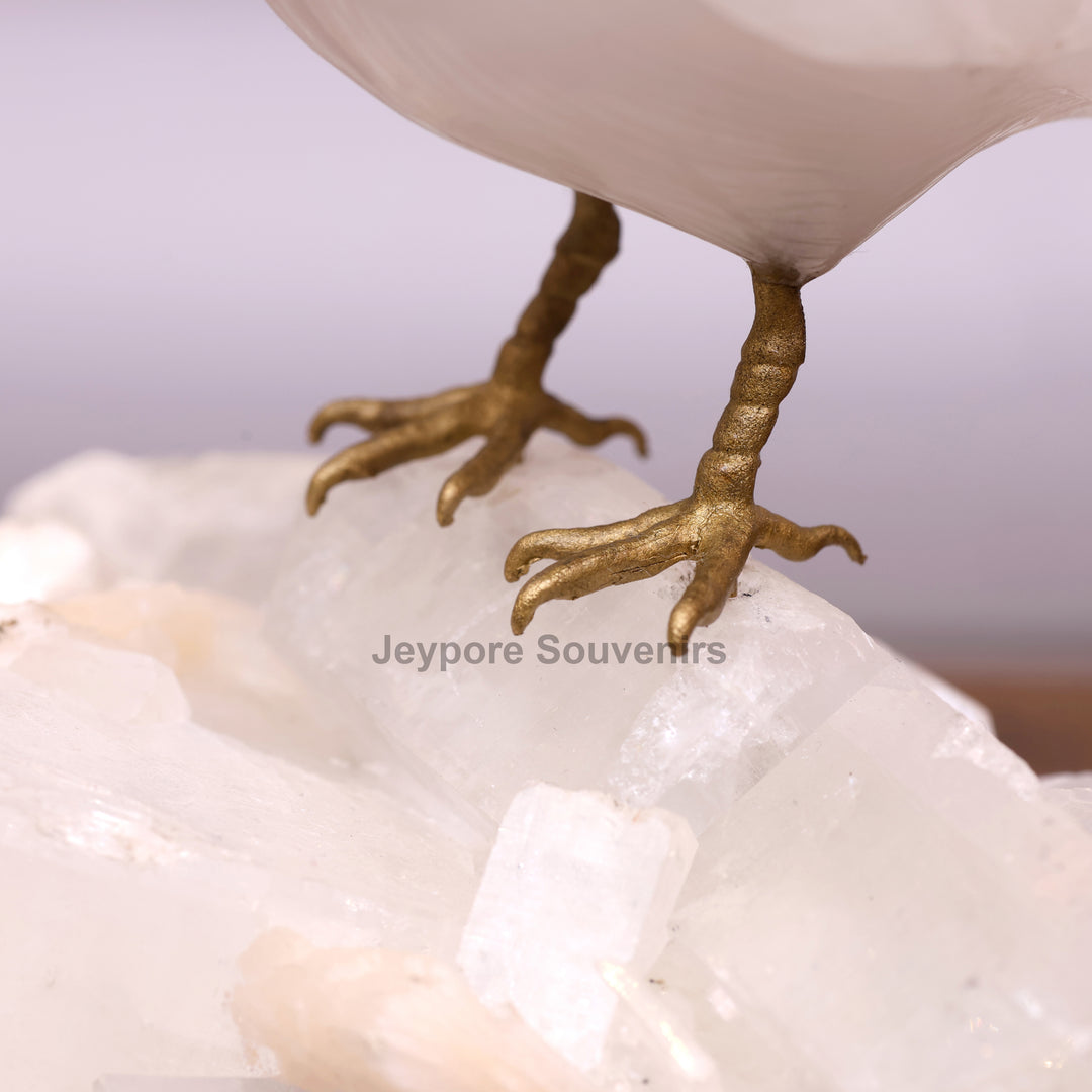 White Quartz Bird On Crystal Rock Base Sculpture