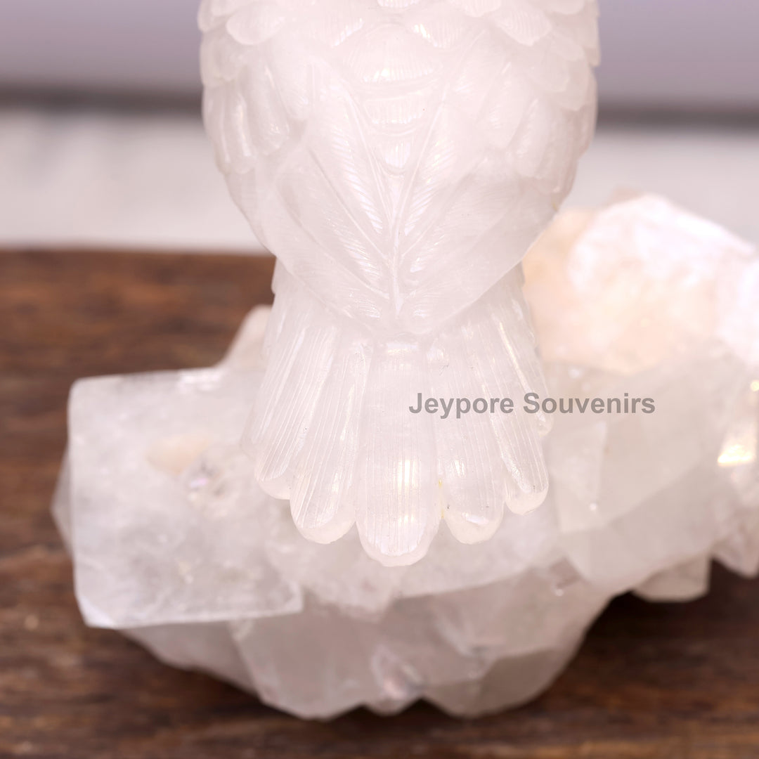 White Quartz Bird On Crystal Rock Base Sculpture