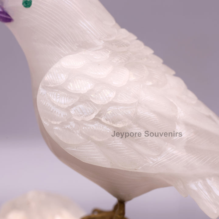 White Quartz Bird On Crystal Rock Base Sculpture