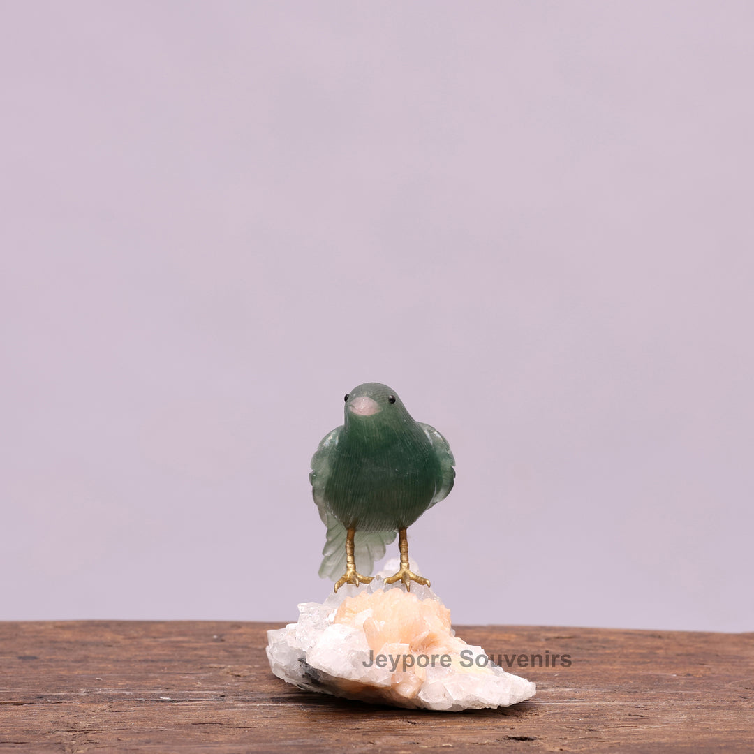 Green Aventurine Bird Sculpture On Crystal Base - Semi Precious Stone