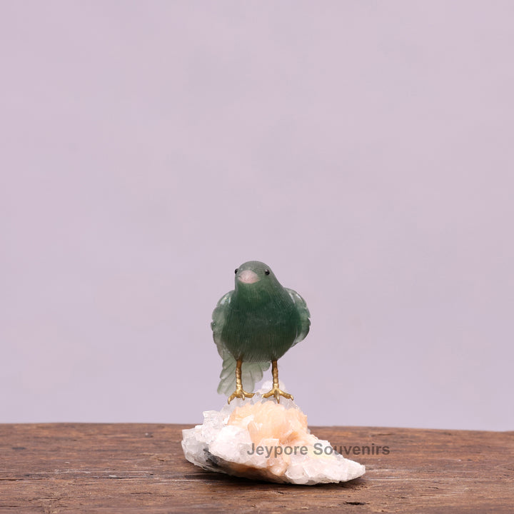 Green Aventurine Bird Sculpture On Crystal Base - Semi Precious Stone