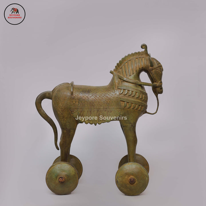 Antique Brass Horse Statue on Wheels with Antique Green Patina
