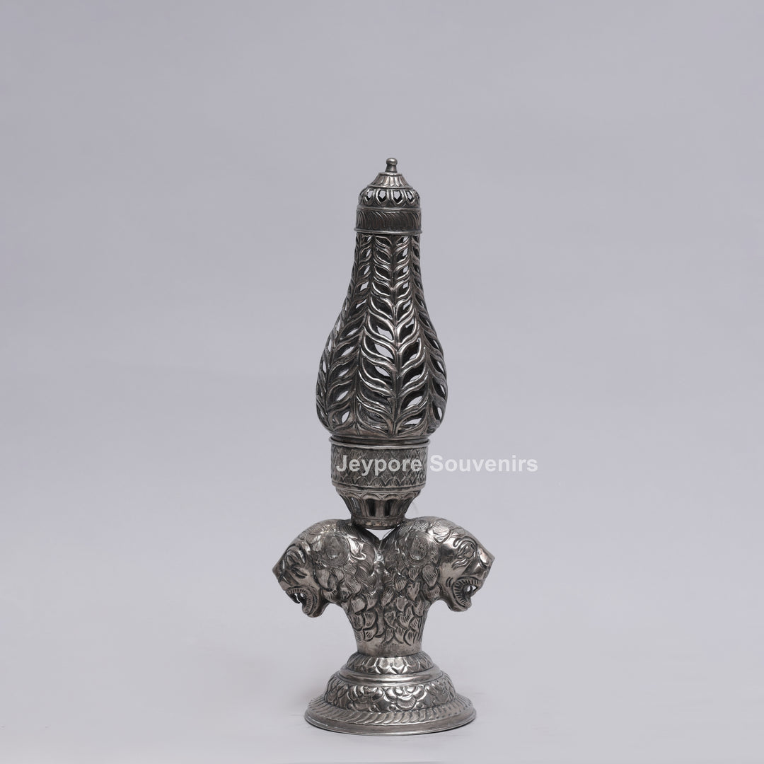 Handcrafted Antique Silver Polished Lion Face Candle Stand