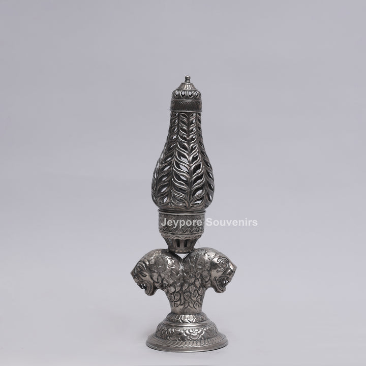 Handcrafted Antique Silver Polished Lion Face Candle Stand