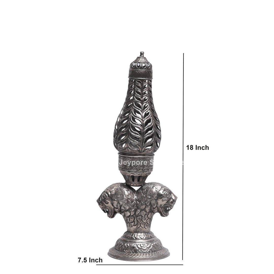 Handcrafted Antique Silver Polished Lion Face Candle Stand